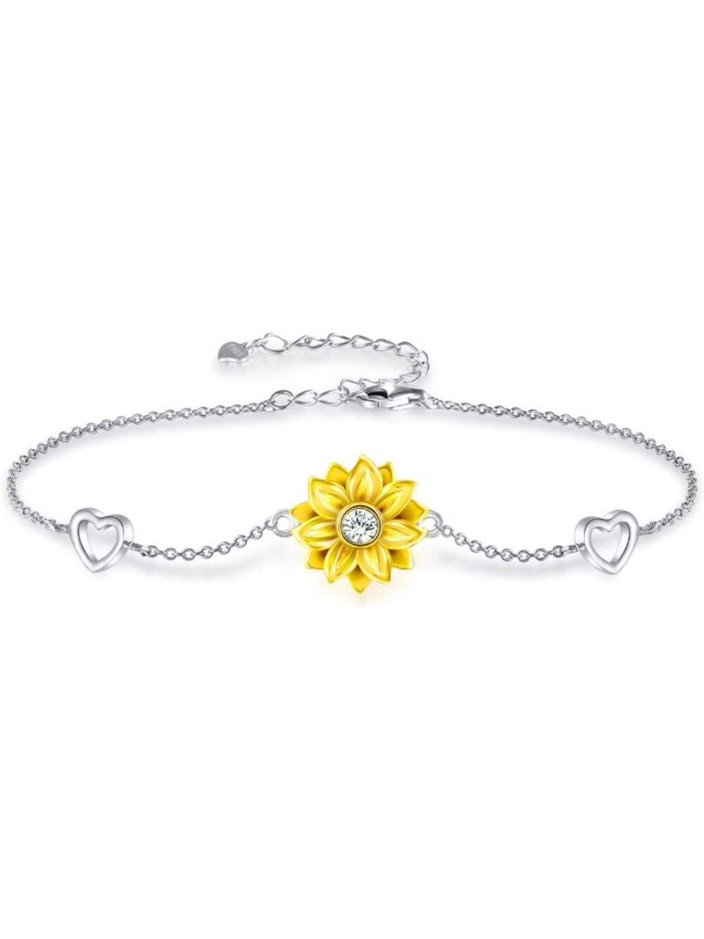 Adjustable 925 Sterling Silver Sunflower Bracelet with Heart Charm - Perfect